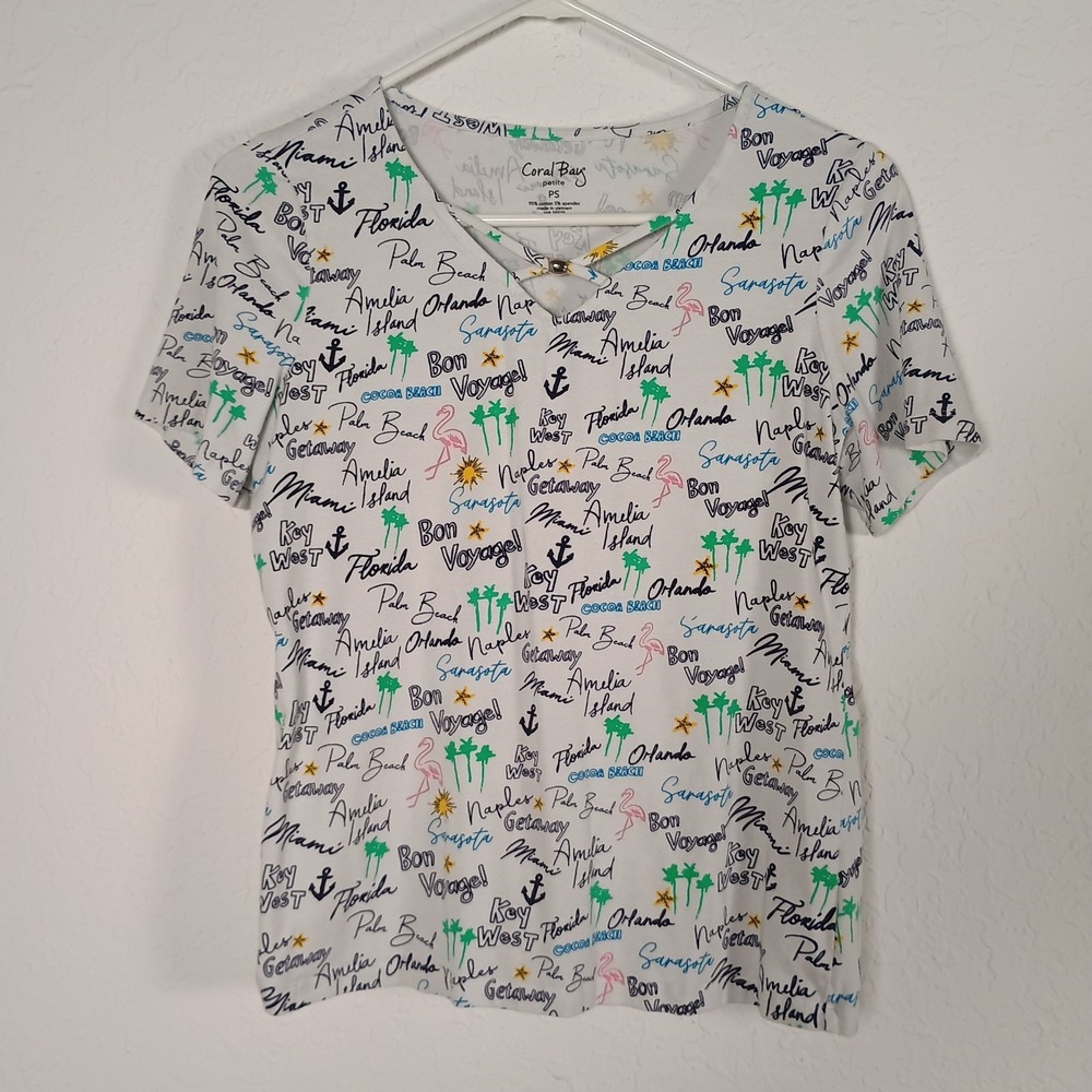 Coral Bay Petite Small PS White Florida Keys Miami Orlando Theme V-Neck Criss...
